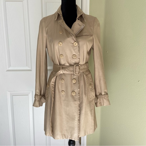 Burberry Lambskin Leather Belted Trench  Coat Jacket with Ruffle Trim - Picture 1 of 13